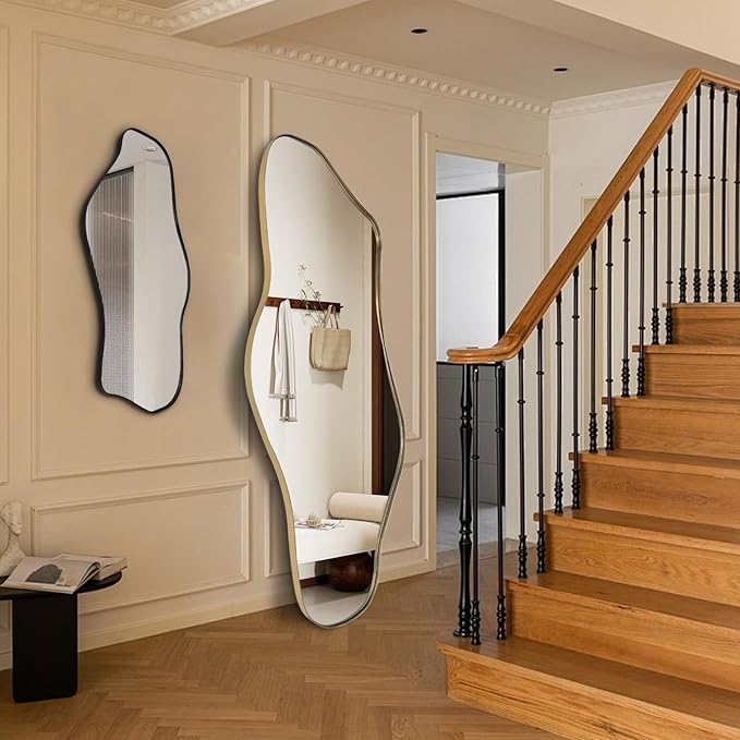 Large Irregular Mirror, 63"x29" Asymmetrical Full Length Mirrors for Dressing, Gold Metal Frame Abstract Wall Mirror, Unique Shaped Mirrors for Living Room Bathroom Bedroom Hallway Entryway