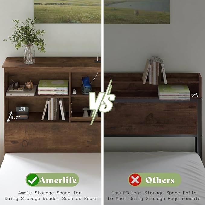 AMERLIFE King Size Bed Frame Wooden Platform Bed with 51.2" Storage LED Bookcase Headboard, Charging Station & 4 Storage Drawers/No Box Spring Needed/Noise Free/Rustic Brown