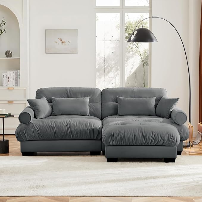 93.7” Oversized Grey Velvet Loveseat Sofa, Deep Seat 2-Seater Modular Sectional Couches for Living Room with 1 Ottoman, Cloud Home Sofas Set, Love Seat Couches