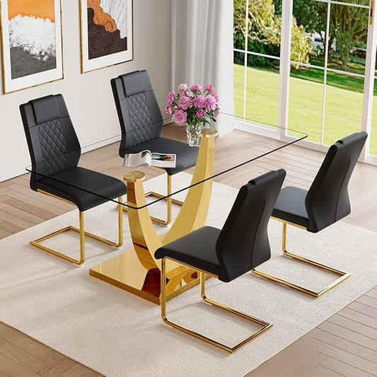 AZmac 63" Glass Dining Table Set for 4,Luxury Gold Dining Room Set with Stainless Steel Pedestal, Rectangular Tempered Glass Kitchen Table with PU Leather Chairs, for Kitchen Apartment