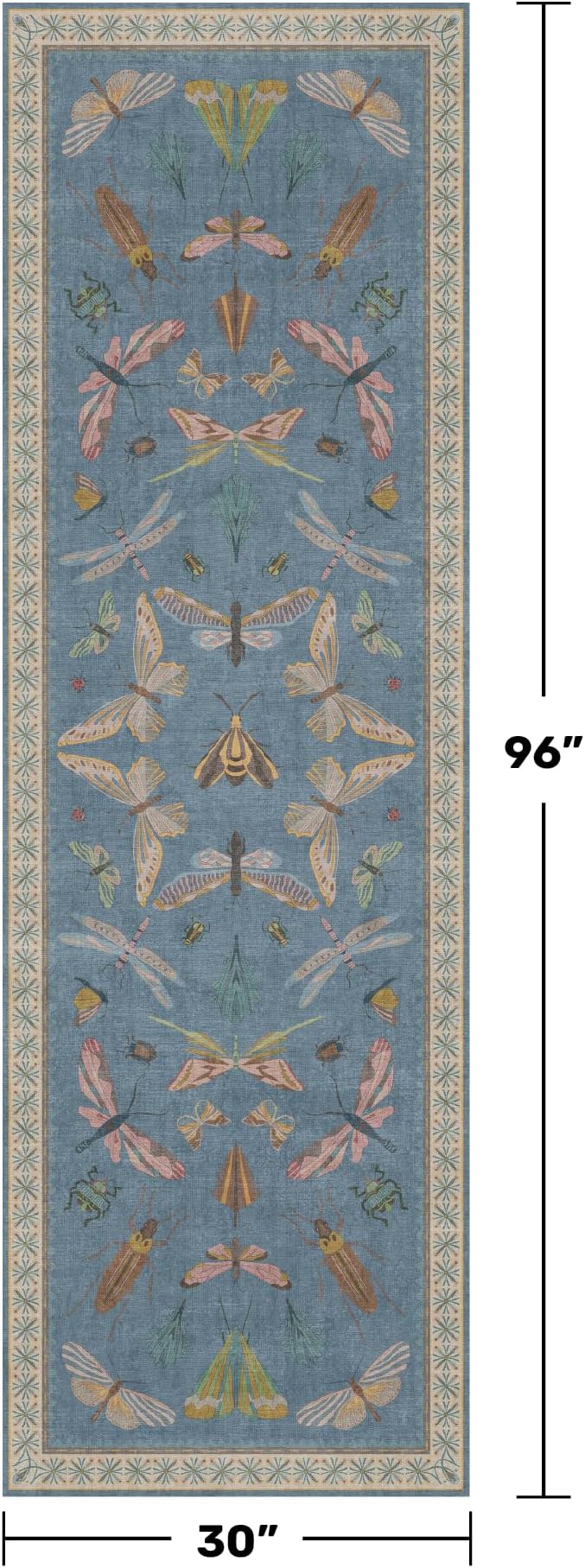 Blue Insect 2'6'' Wide 8' Long Hallway Runner Rug - Washable Kitchen Sink Rug, Non Slip Runner Rug for Entryway, Colorful Vintage Print Home Décor