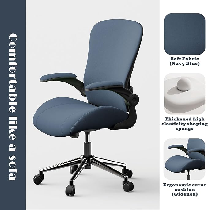 Blue Ergonomic Office Desk Chair, Soft Fabric Thickened Curved seat Cushion with Adjustable Lumbar Support, Perfect Blend of Comfort and Good Looks, Ideal Chair for Home or Office, Navy Blue