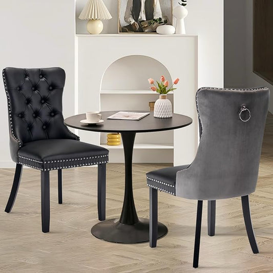 SoarFlash Kitchen Table and Chairs for 2, 31.5" Dining Table Set for 2 with Leather Upholstered Chairs, 3 Piece Round Kitchen Table Set, Dining Room Table Set for Small Space, Apartment, Black/Grey