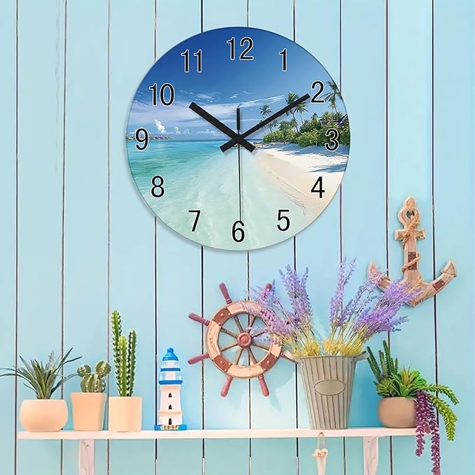 XFM Beach Coastal Wall Clocks Battery Operated 20 Inch Large Wall Clock Silent Tropical Seascape Glass Wall Clock for Living Room Bedroom Kitchen Decor