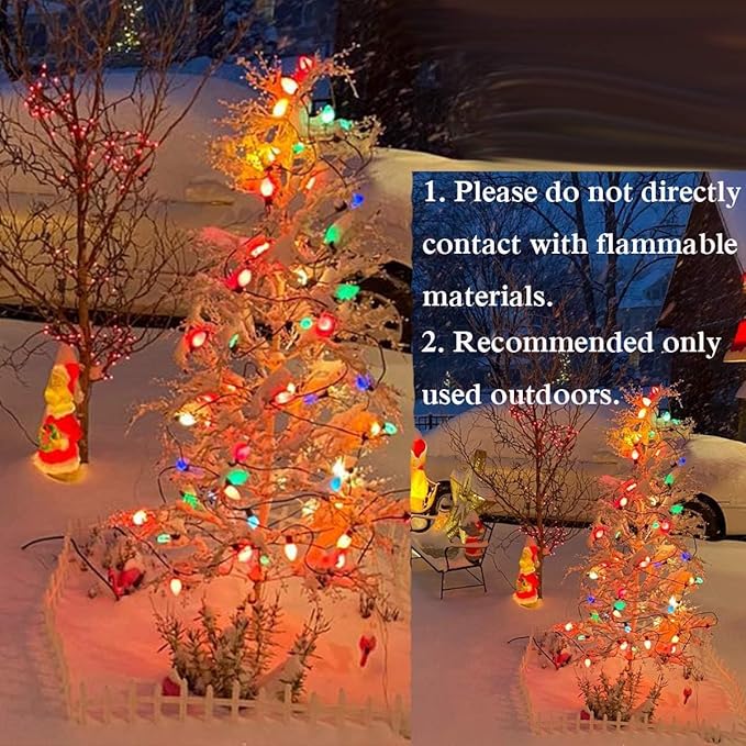 Couah C7 Christmas Lights, 25Ft Ceramic Vintage Christmas Lights with 25 Multicolor C7 Bulbs, Hanging for Xmas Tree Party Backyard Wedding Party Decor- Green Wire