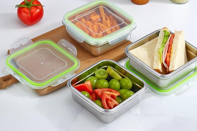 Set of 3 Stainless Steel Sandwich Containers - Food Grade Metal Base with a BPA Free Leakproof & Airtight Silicone Seal Lid. Great for Sandwiches, Snacks, Meal Prep & Food Storage