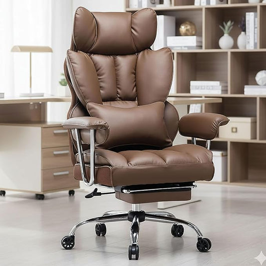 Efomao Big and Tall Office Chair 400lbs – PU Leather Executive Office Chair with Lumbar Support & Leg Rest, Heavy-Duty Computer Chair for Home Office, Brown