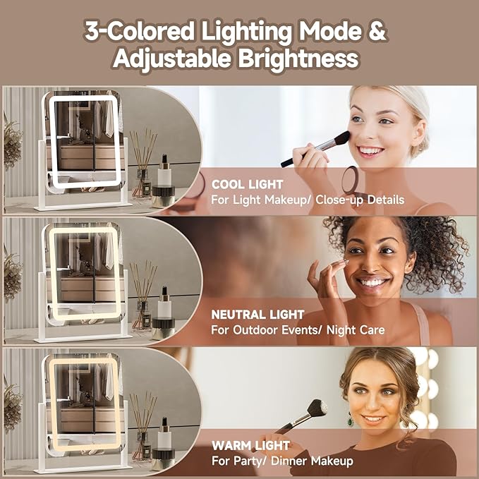 PRIMETEK Vanity Mirror with Lights, 16"x14" Large LED Lighted Makeup Mirror, Hollywood Makeup Mirror, Touch Screen, 3-Color Lighting, 5X Magnification, for Vanity Desk Tabletop, Bedroom, White