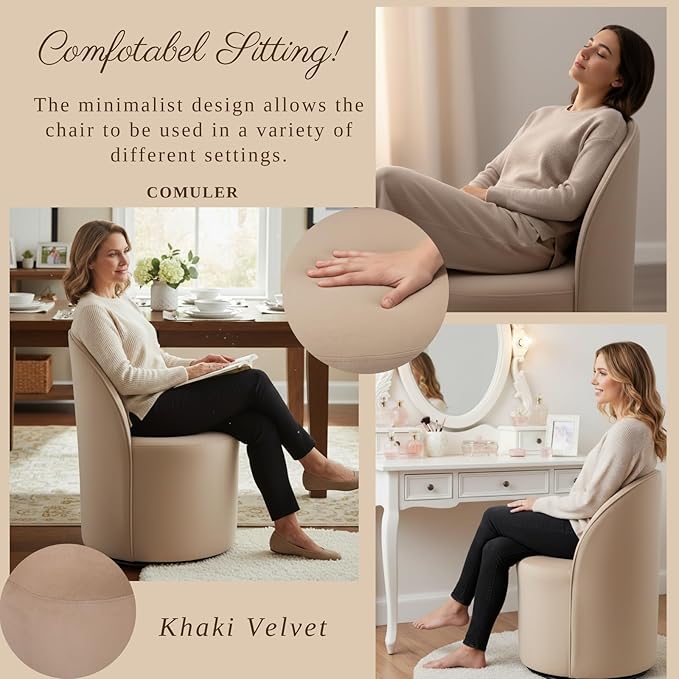 Modern Barrel Dining Chairs Set of 3, Swivel Base Khaki Accent Chair 360°Rotating Vanity Chair Mid-Century Dining Side Chair Kitchen Chair for Living Room, Bedroom, Home, Office, Kitchen