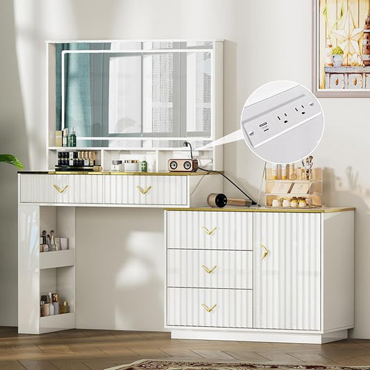 57“Makeup Vanity Desk with Mirror and Lights, Vanity Desk with 5 Drawers & Storage Shelves, Vanity Table with Power Outlet, 3 Color Modes & Adjustable Brightness Dressing Table, Bedroom,White