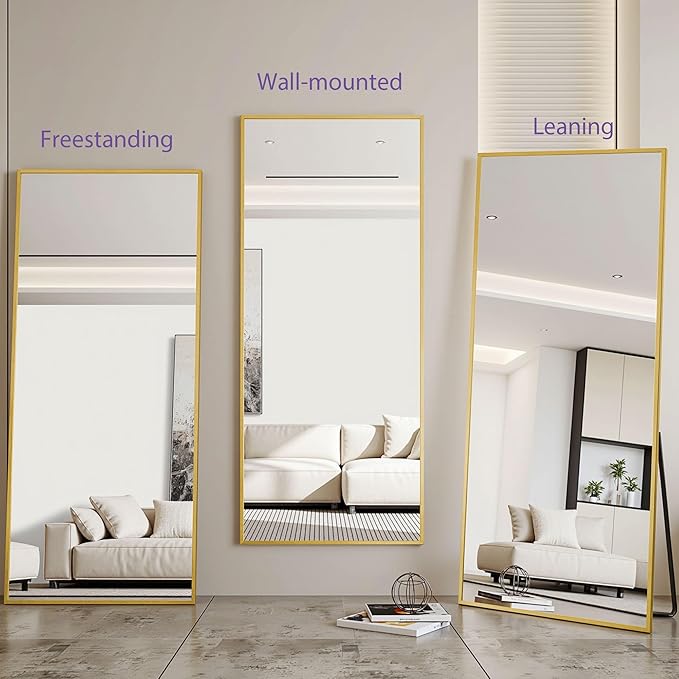 Full Length Mirror, 83"x44" Floor Mirror Freestanding, Oversized Floor Standing Full Body Mirror with Stand for Bedroom, Hanging Mounted for Living Room Cloakroom, Gold, Rect