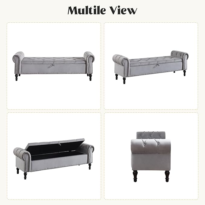 Velvet Storage Bench 67 Inch Upholstered Tufted Ottoman Bench with Arms King Size End of Bed Bench for Bedroom Living Room Entryway Grey