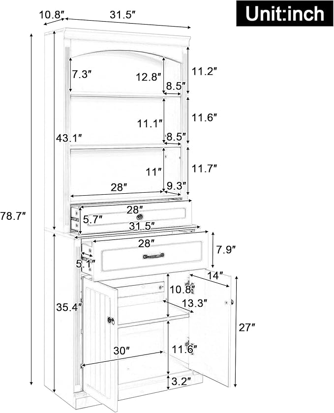 Tall Cabinet with 2 Drawers and Doors, Multi-Functional Storage Unit/Bookcase, Kitchen Cabinets, Pantry Cupboard for Living Room/Home Office/Bathroom, White