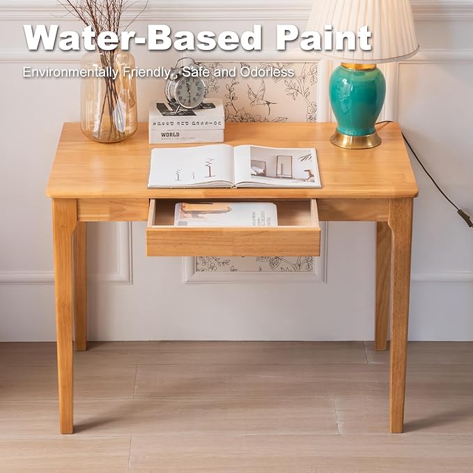 Solid Wood Desk with Drawer, Small Computer Desk for Small Spaces, Gaming Study Home Office Desks for Work, Student PC Desk for Bedroom, Escritorios para Cuartos (Wood Color, 39.4 inch)