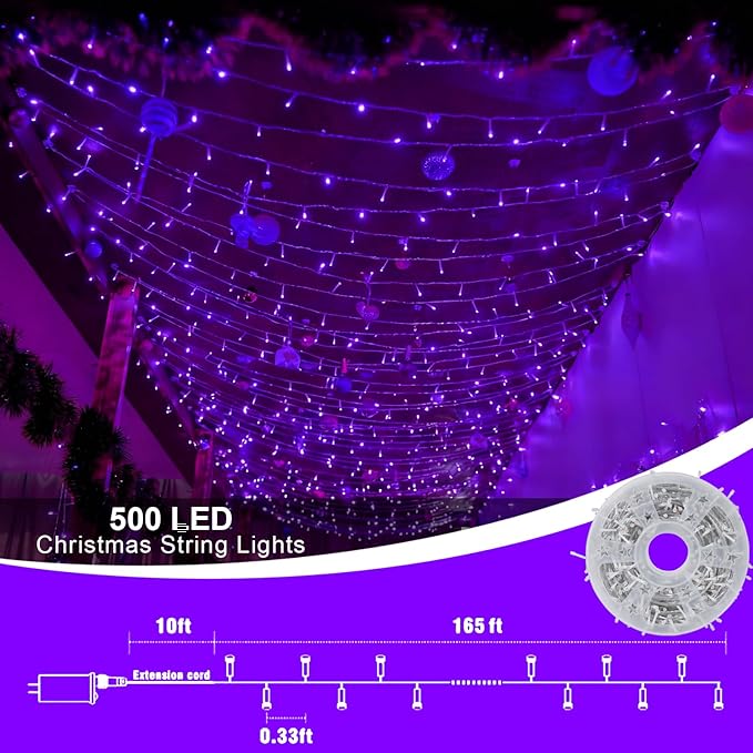 QITONG 165ft 500 LED Purple Christmas Lights, Clear Wire Outdoor String Lights with 8 Modes, Twinkle Xmas Lights Indoor Plug in