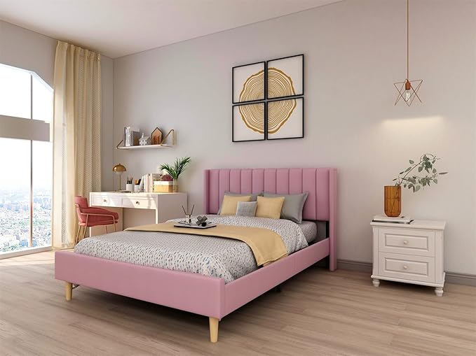 Low Profile Upholstered Platform Bed,Queen Beds with Pink(Velvet)