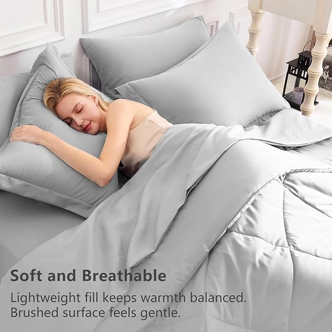 CozyLux King Size Comforter Set Light Grey - 7 Pieces Bed in a Bag King, Luxury Soft Bed Set for All Seasons, Bedding Set with Down Alternative Comforter, Sheets, Pillowcases & Shams