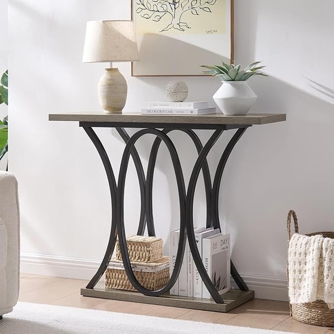 BedsPick Entryway Console Table, 40 Inch Narrow Wood Hallway Table Foyer Table Behind Couch, Sofa Table with Metal Legs and 1.18 Thick Board (Grey)