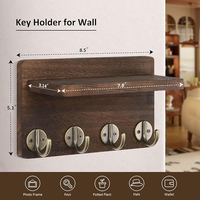 Nekon Key Holder Wall Mount, 8.5 Inch Small Home Decor Wooden Wall Organizer with 4 Hooks and Shelf, Wall Decor for Living Room Entryway Kitchen (Brown)