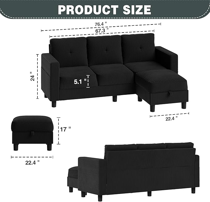 SUNLEI Convertible Sectional Couch Sofa for Small Spaces, L Shaped Modular Sofa with Removable Ottoman Storage, 3 Seat Modern Small Couches for Living Room in Apartment, Black