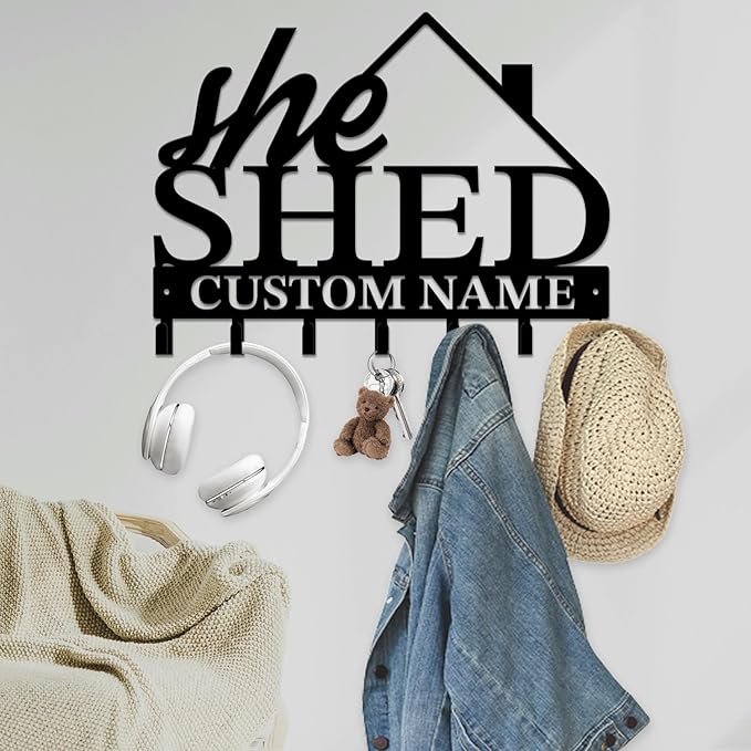 Personalized She Shed Keys Hooks,Custom Name Metal She Shed Art Keys Hooks,Metal She Shed Lover Wall Home Storage Decorative Keys Hooks,Key Holder Hooks for Wall (Style A)