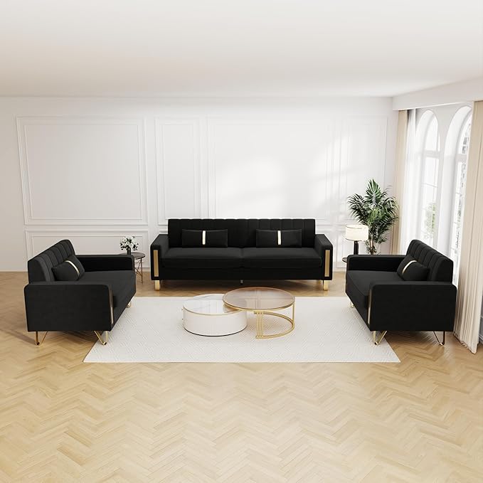 Couch 85.62" 3 Seats Sectional Velvet Fabric Sofa Easy Assemble Sofa Bed with 2 Couch Pillows,Gold Metal Legs for Living Room (P17, Black（3+1+1）)