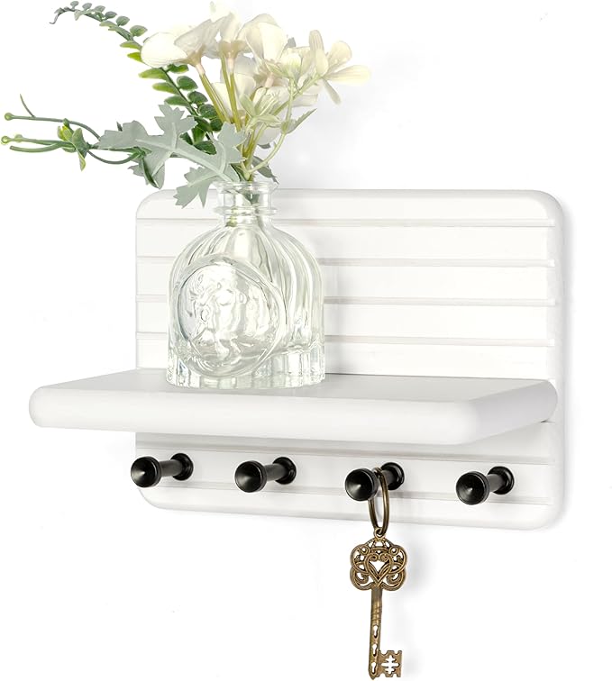 Rebee Vision Small Key Holder Wall Mount for Home Storage – Stylish 7-Inch Key Holder for Wall with 4 Hooks & Mini Floating Shelf - Beautify Your Entryway, Living Room, Bedroom Decor (White)