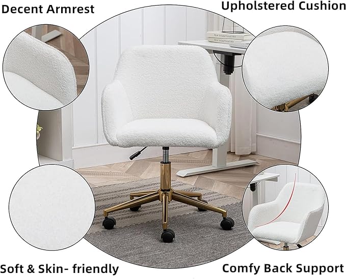 Goujxcy Fluffy Desk Chair, Faux Fur White Vanity Chair Swivel Office Chair for Girls Women, Height Adjustable Cute Teddy Furry Makeup Chairs for Bedroom Home Office
