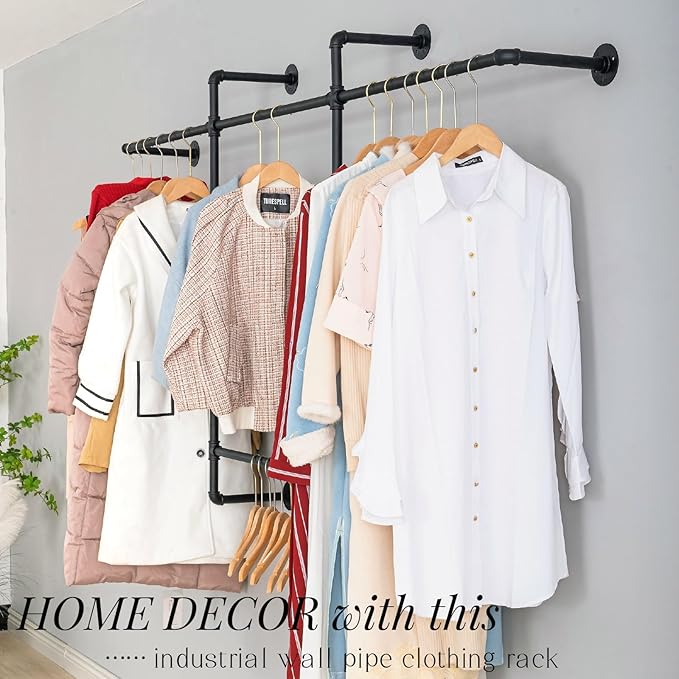 Industrial Pipe Clothing Rack, Hanging Garment Rack, Wall Mounted Pipe Clothes Rack with Four Hanging Rods, Heavy Duty Garment Rack, Industrial Steampunk Closet Organizer Hall Tree (Metal Pipes-Black)