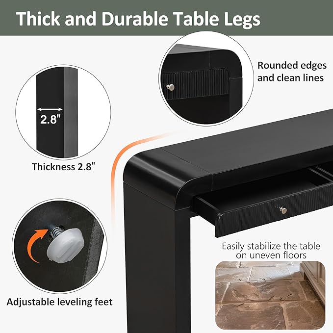 54.3" Curved Console Table with Fluted Drawer, Rustic Entryway Table and Thick Legs, Sturdy Sofa Table for Hallway & Living Room Wood (Black)