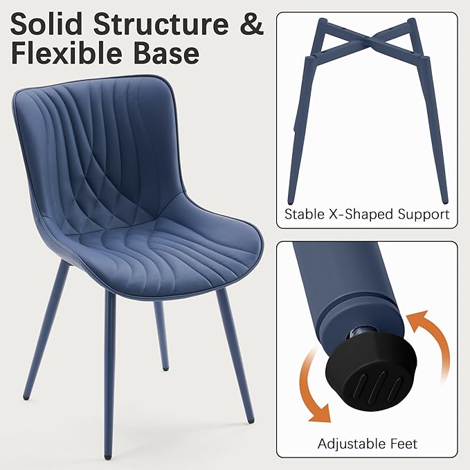 YOUTASTE Navy Blue Dining Chairs Set of 2, Mid Century Modern Comfy Kitchen Chair, Upholstered Faux Leather, Navy Blue Metal Legs, Armless Accent Chairs for Bedroom Vanity Lounge