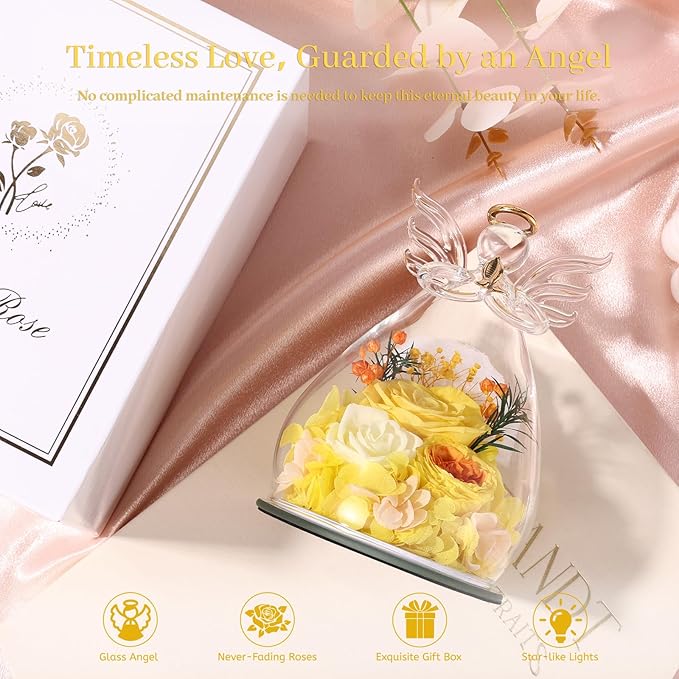 Birthday Gifts for Women Mom Preserved Roses in Glass Angel Figurines Fresh Flowers for Delivery Forever Flowers Eternal Rose Christmas for Grandma Sister Wife Her from Daughter