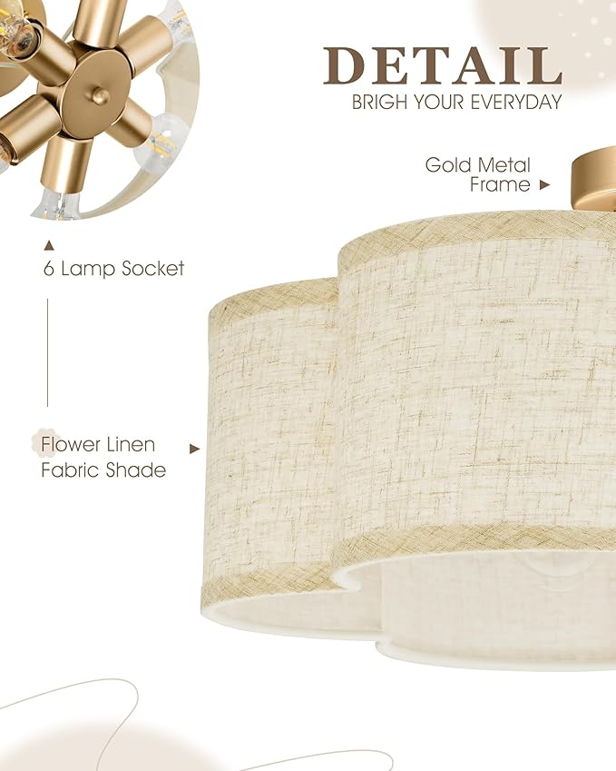 Semi Flush Mount Ceiling Lights, 6-Light 18" Gold Light Fixtures Ceiling Mount with Fabric Shade in Flower Shape, Drum Lighting Fixture for Nursery Bedroom Kitchen, AD-22007-6SF-GD-B