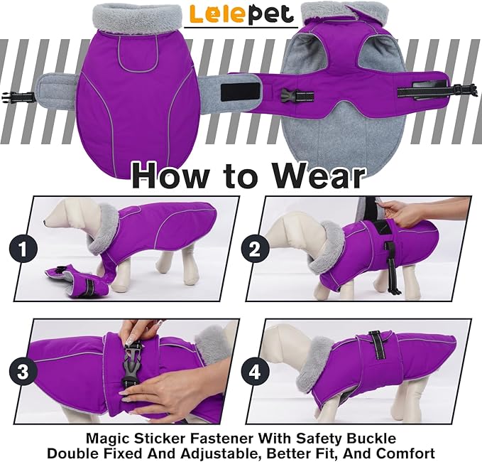 Lelepet Warm Dog Coat Reflective Fleece Vest Waterproof Dog Jacket with Adjustable Buckle Hook & Loop Windproof Cold Weather Coats for Small Medium Large Dogs, Purple, XL