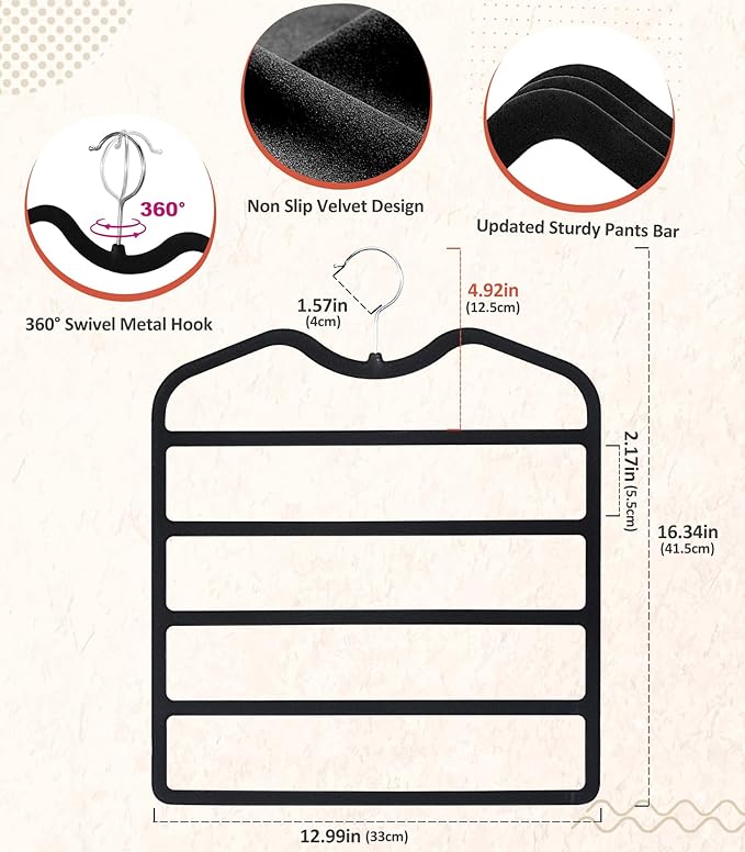 Pants Hangers Space Saving,5 Pack Velvet Short Neck Pants Hangers,5 Tier Space Saving Velvet Hanger,Closet Organizers and Storage Dorm Room Essentials for College Students Girls Guys Holds Pant,Jean