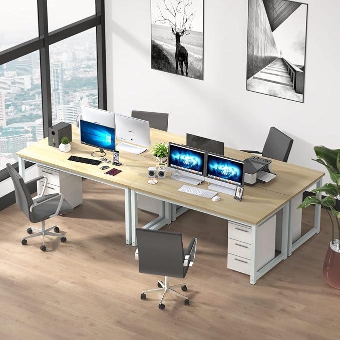 NSdirect 63" Computer Desk,Large Home Office Desk Wide Workstation 1 inch Thicker Tabletop for Writing,Games and Home Work PC Desk Modern Finish Wood Board and Sturdy Steel Legs,Oak+White