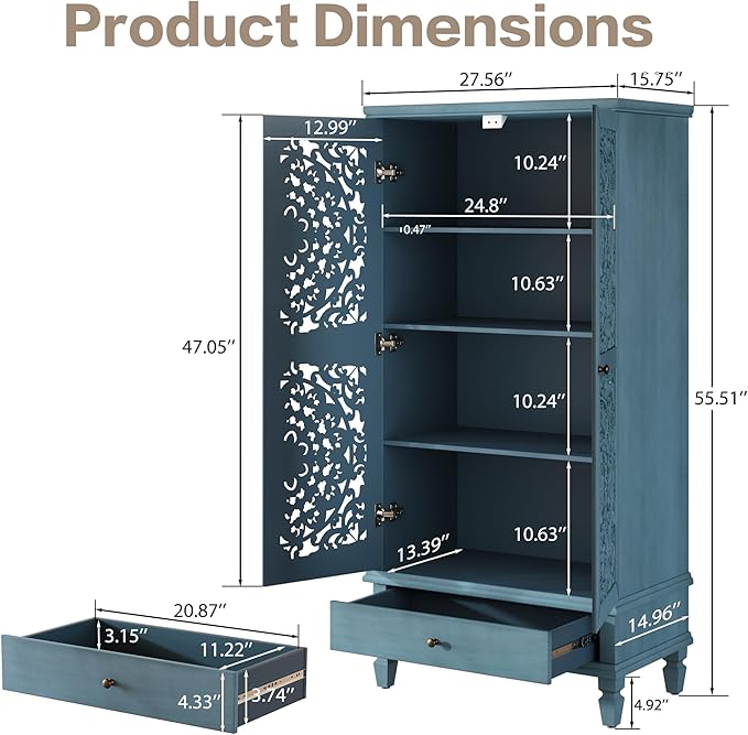 Rustic 55'' Tall Storage Cabinet with 2 Hollow-Carved Doors a Drawer, Wood Accent Cabinet with Solid Wood Legs for Living Room, Hallway, Dining Room (Antique Blue-T)