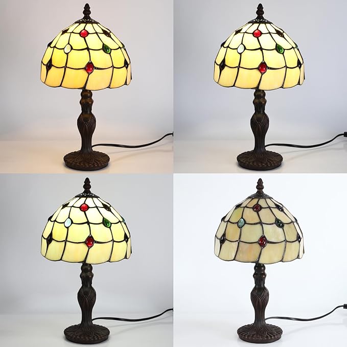 Tiffany Style Table Lamp, 8 Inch Stained Glass Lamp, Small Antique Bedside Lamp, for Nightstand Bedroom Living Room Home Office, Include LED E26 Bulb