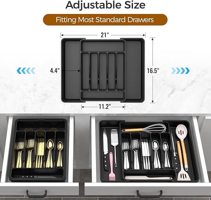 Extra Large Expandable Silverware Organizer, BPA-Free Food-Safe Cutlery Flatware Organizer, Kitchen Utensil Drawer Organizer, Adjustable Silverware Holder for Spoons Forks Knives, Black