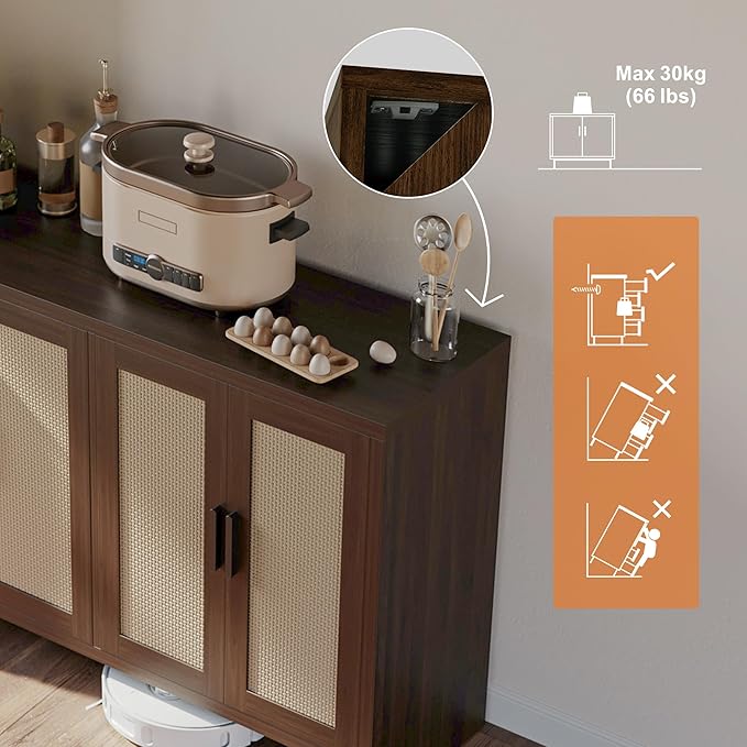 Mericonia Rattan Buffet Cabinet with Storage, Sideboard Cabinet with Doors and Adjustable Shelves, Farmhouse Coffee Bar Station Table, Modern Wood Cupboard for Kitchen, Livingroom, Walnut