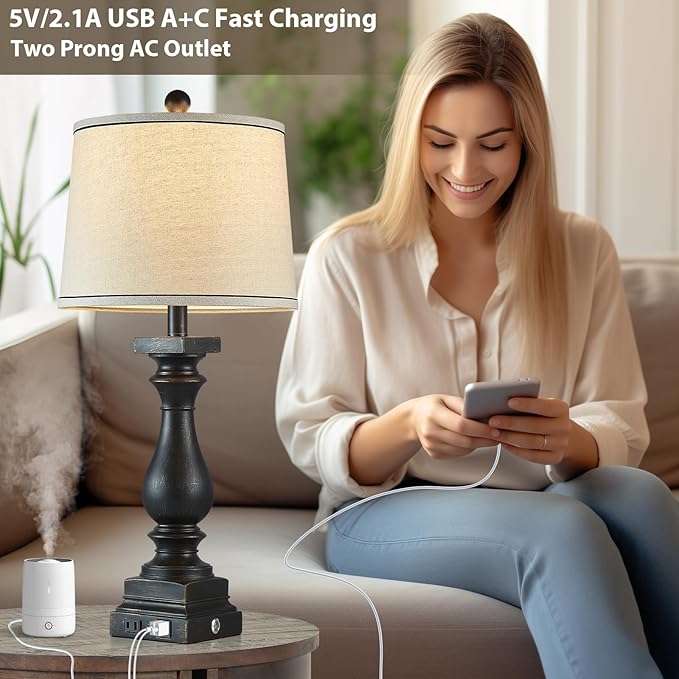 28" Tall Farmhouse Table Lamps with USB C+A Ports and AC Outlet, 3 Way Touch Control Rustic Bedside Lamps for Bedroom, Black Vintage Nightstand Lamps for Living Room Office
