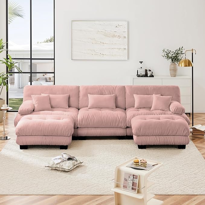 133.8" Oversized Couch, 3 Seater Modular Sectional Sofa, Pink Large U Shaped Sectional Fluffy Couch Set, Chenille Cloud Couch with Ottoman, Deep Seat Sofas for Living Room