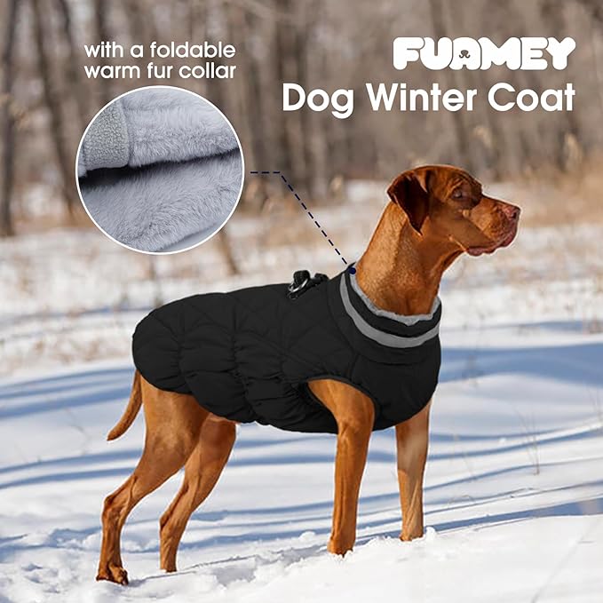 FUAMEY Dog Coat for Large Dogs,Waterproof Dog Winter Jacket with Harness Built in Puppy Cold Weather Coats Reflective Pet Vest with Zipper Warm Fleece Dogs Snowsuit Windproof Solid Black L