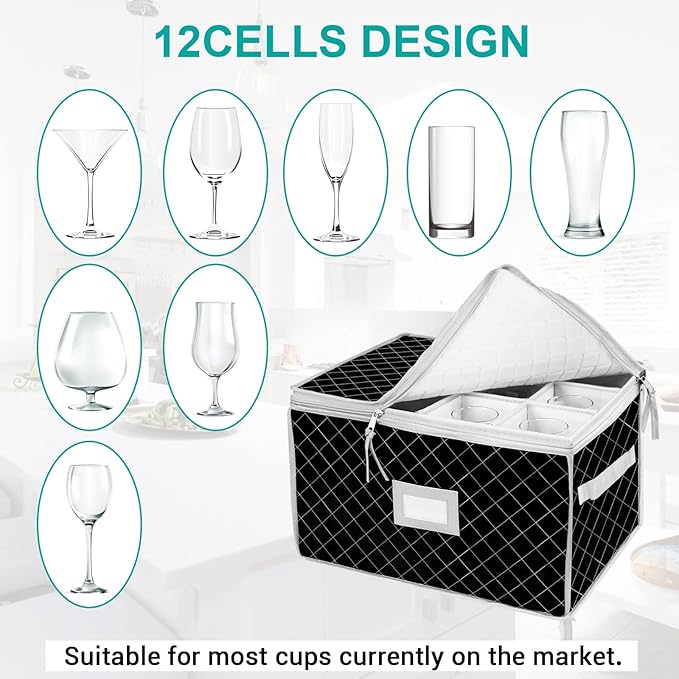 VERONLY China Storage Containers - Stemware Storage Cases for 12 Wine Champagne Glasses - 2 Pack Crystal Glassware Protector Packing Boxes with Dividers and 2 Handles for Moving (Black)