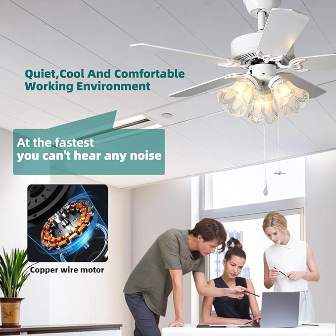 42 Inch Indoor Ceiling Fan with Pull-Chain and Three LED Light Bulbs Base, Traditional 3-Speeds Reversible Blades Ceiling Fan (White)