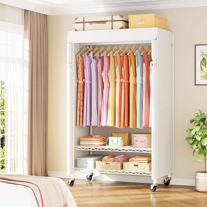 P6C Rolling Clothes Rack with Cover, Covered Clothing Racks Heavy Duty, Portable Closet for Hanging Clothes, Garment Racks on Wheels, White Closet Rack with White Cover, Max Load 365LBS