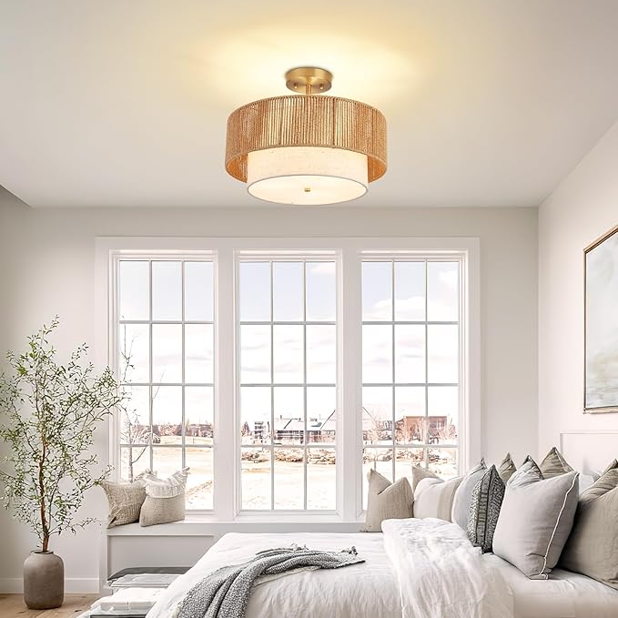 16" Drum Flush Mount Ceiling Light Hallway Light Fixtures with Rattan Shade,3-Light Semi Flush Light Fixture Ceiling Mount for Kitchen, Bedroom, Bathroom, Living Room