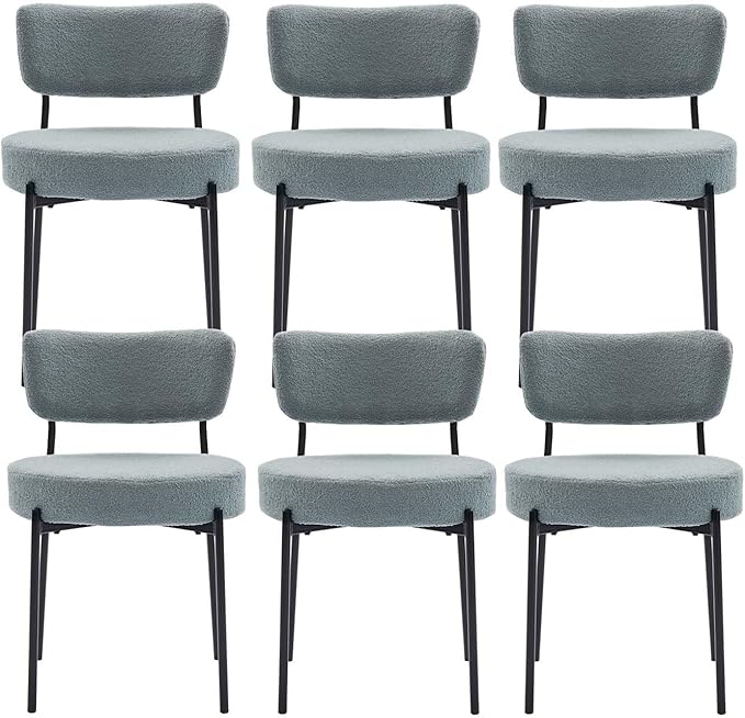 Grey Boucle Dining Chairs Set of 6, Upholstered Dinner Chair with Metal Frame, Dining Room Chairs with Padded Seat, Round Modern Seating for Living Room