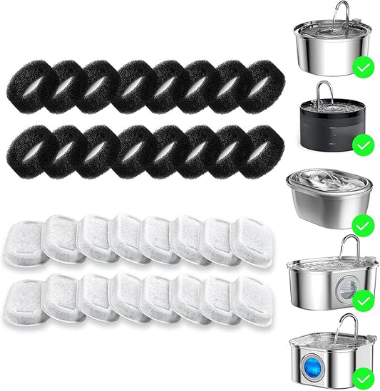 32 Pack Cat Water Fountain Filter Replacement, 4+4/8+8/12+12/16+16 Pack for Stainless Steel Cat Water Fountain 2L/67oz and 3.2L/108oz, 16 Carbon Filters & 16 Pre-Filter Sponges
