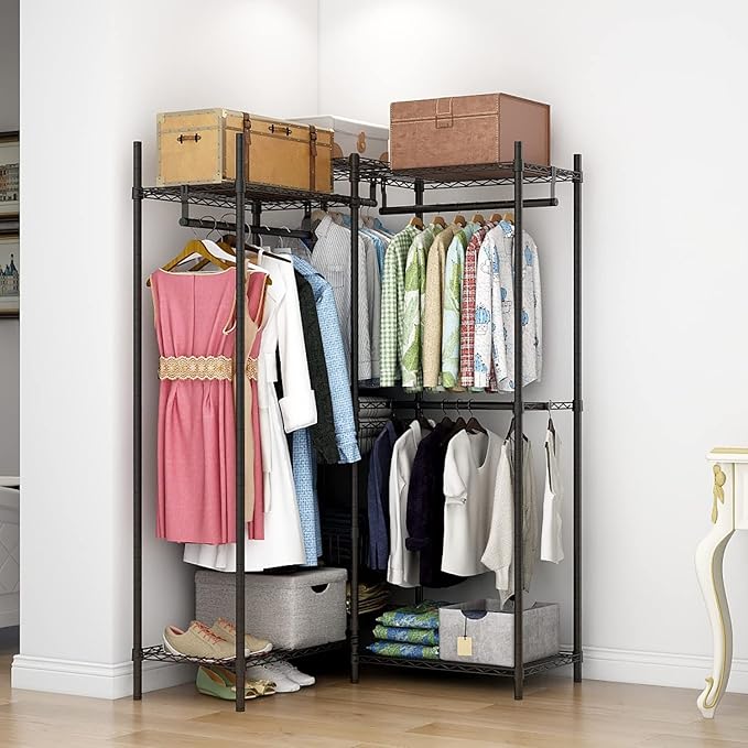 Xiofio 6 Tiers Heavy Duty Clothes Rack with Hanging Rods,Metal Garment Rack,Adjustable Shelves & 2 Slid Storage Baskets,65.0" L x 15.7" W x 76.0" H,Max Load 800LBS,Black